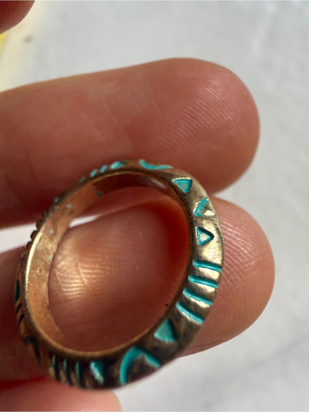 Turquoise Inlay Brass Statement Ring dainty pinky Sz 4